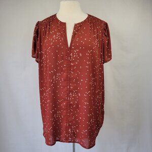 Monday Fun SS Split Neck Blouse With White Ditzy Speckle Print Rust Size 2X